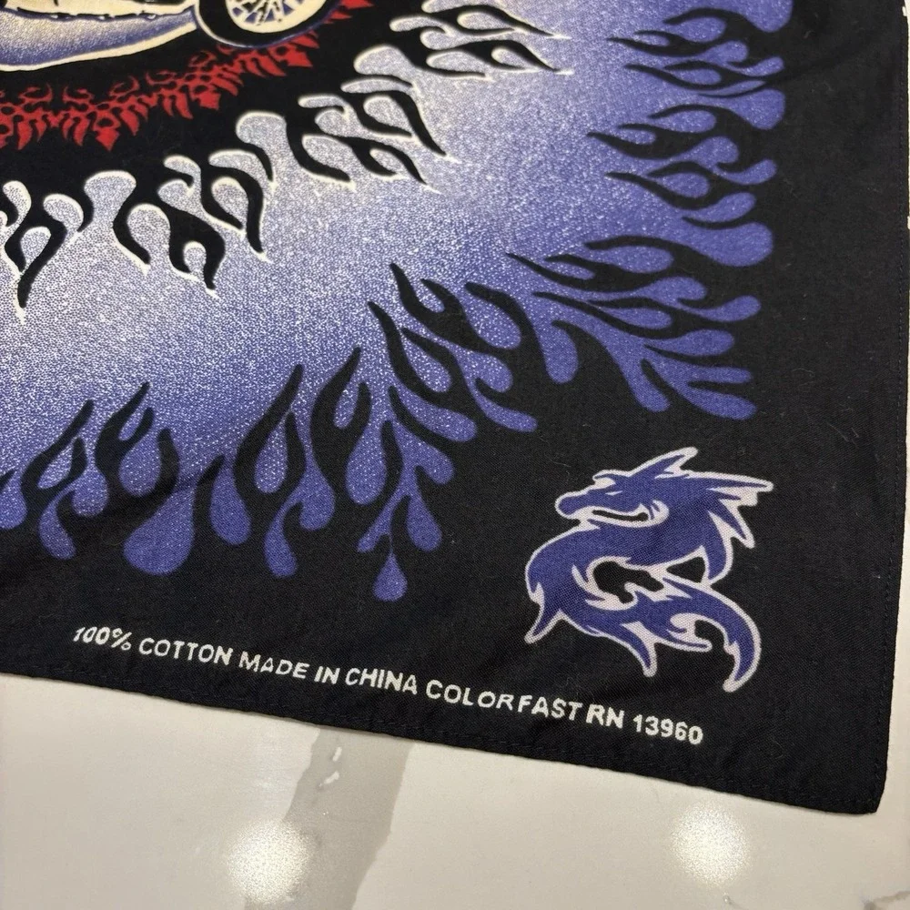 VTG Biker Bandana Black Blue Red Flames Motorcycle Dragon Cotton 90s RN 13960